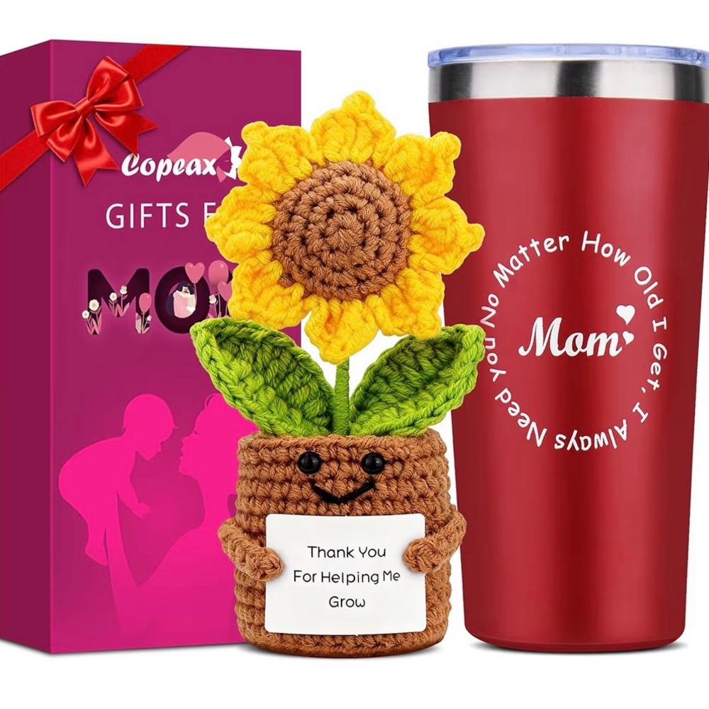 Mom Gifts Set w/Handmade Crochet Sunflower & Insulated Tumbler